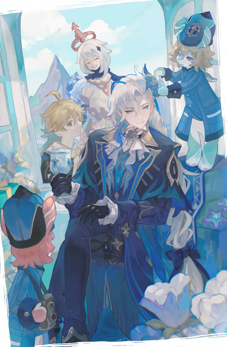 aether (genshin impact) ,neuvillette (genshin impact) ,paimon (genshin impact) multiple boys long hair halo black gloves white hair blonde hair gloves  illustration images