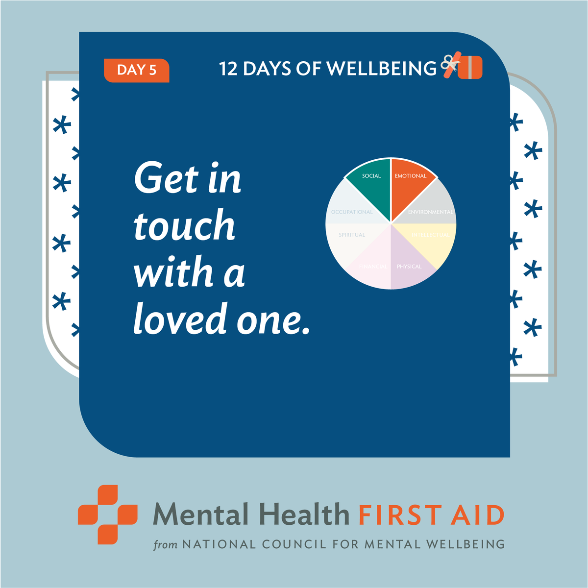 MHFirstAidUSA's tweet photo. Day 5️⃣ of #12DaysofWellbeing: Reach out to a loved one! Call, text or even write a card to someone you're close to, or even someone you’ve lost touch with. Connecting with your support system is a valuable step in prioritizing your mental wellbeing. https://t.co/LFwDMASRGB https://t.co/8KGq6Nifko