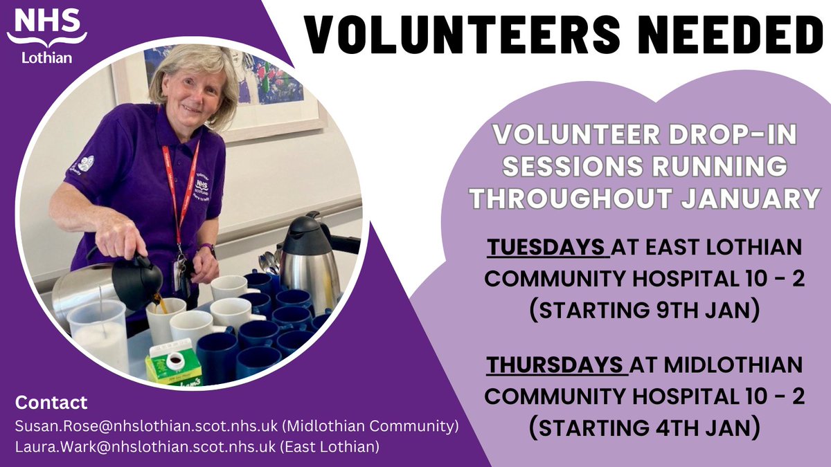 NHS Lothian are recruiting volunteers in East and Midlothian. We’re looking for Befrienders, Visitors, Ward Helpers, Drivers and Meaningful Activity Volunteers. If you'd like to find out more, come along to one of our drop-ins or apply online at ow.ly/YuSi50QiQ0O