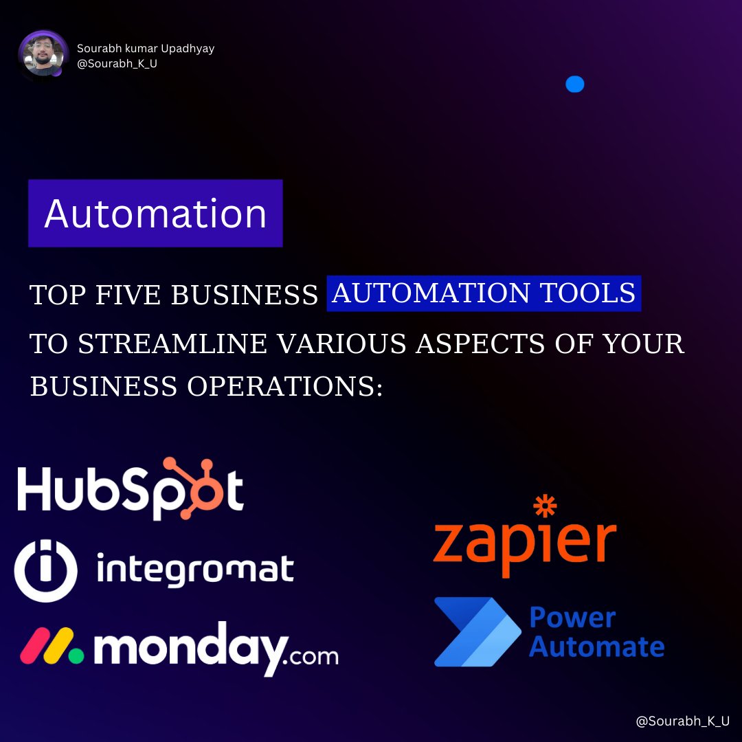 Sourabh_K_U's tweet image. Elevate your workflow with the top 5 automation tools of 2023! 🚀 Transform your business operations into a seamless, efficient machine. Which one is your go-to?
#BusinessAutomation #EfficiencyTools #WorkflowMagic #HubSpot #Integromat #Zapier #MondayDotCom #PowerAutomate
