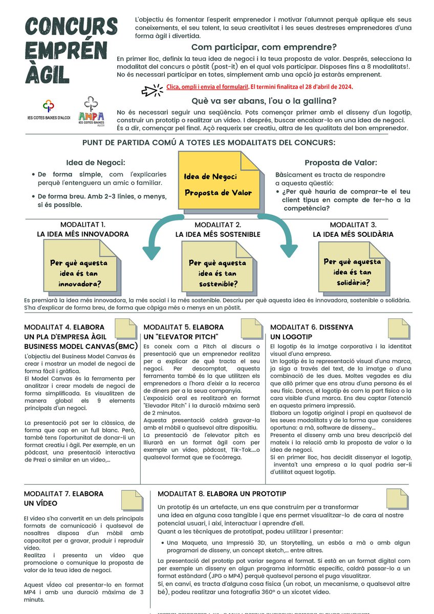 📢📢‼️ 2a Edició del CONCURS EMPRÉN ÀGIL per a fomentar l'esperit emprenedor d'una forma àgil i divertida.
📝8 modalitats de participació per a tots els nivells educatius.
📅Termini fins al 28 de abril de 2024!.
<a href="/IESCotesBaixes/">IES Cotes Baixes</a>
#FormemPersones #ConstruimFutur #Emprén #AulaEmpren