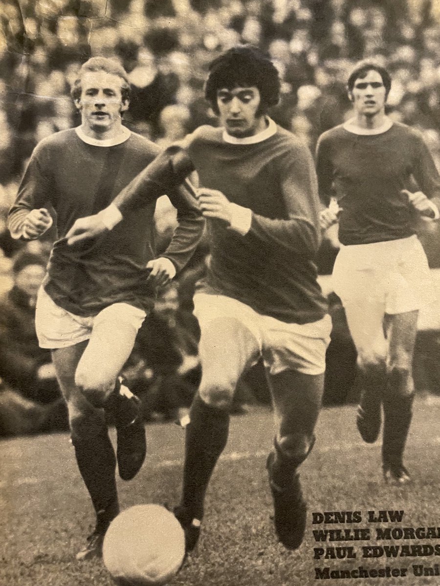 Denis Law, Willie Morgan and Paul Edwards of Manchester United