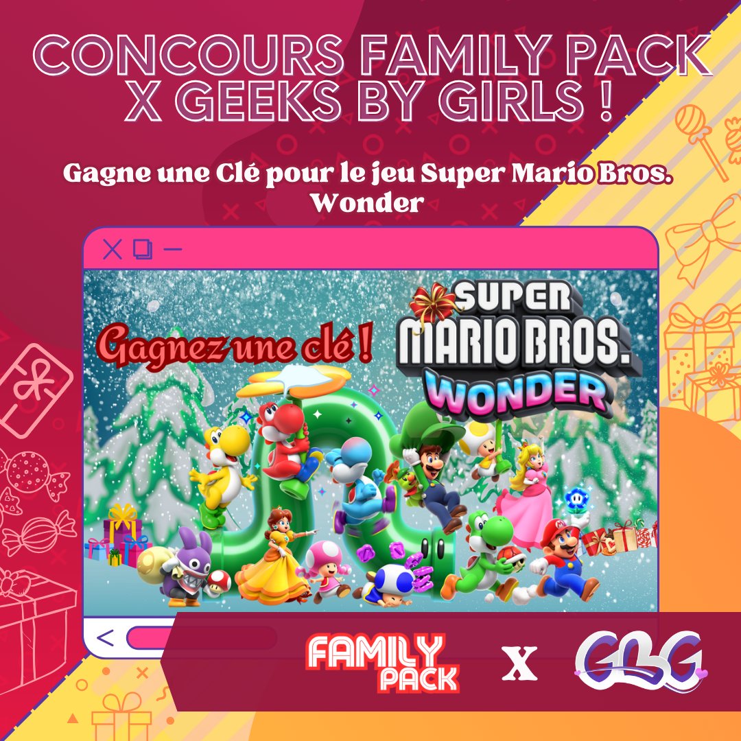 📢Concours #FamilyPack x #GeeksByGirls !📢 

🍀Gagne une Clé #Switch du #Jeu #MarioWonder ! (TAS le 31/12/2023) 

✨RT
✨Follow @GeeksByGirls  et @FamilyPackPod 

Notre #Test ⬇ 
geeksbygirls.com/super-mario-br… 

#Concours #Gaming #GamingNews #JeuxVideo #Podcast #Nintendo #GBG #Mario