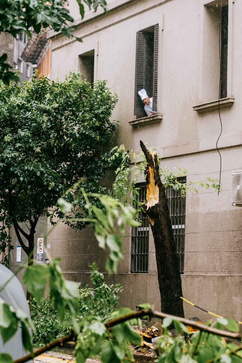 Un cocinero del hospital alemán asomando su cabeza por la ventana para ver el desastre que dejó la tormenta de anoche
