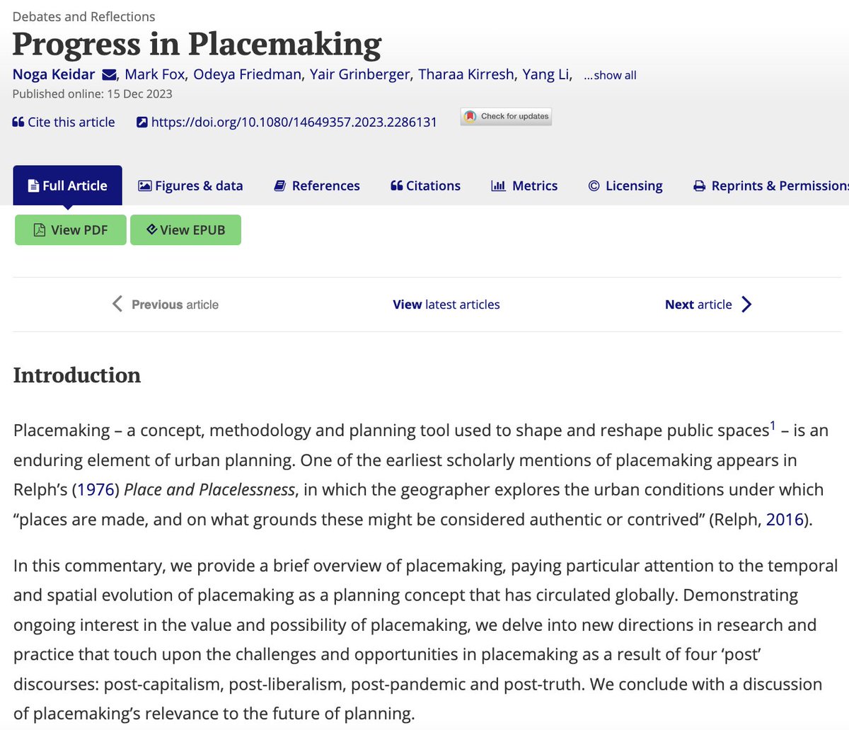 #Placemaking A concept "embraced by grass roots community actors, civic agencies, artists, market-driven developers and entrepreneurial local governments, albeit with different goals in mind," how do we make sense of its meaning? tandfonline.com/doi/full/10.10…