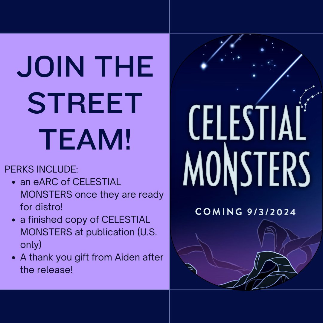 FRIENDS! i'm looking for new members to add to my street team! if you're excited about the upcoming release of ✨CELESTIAL MONSTERS✨, you can join the street team to boost it on your socials and get some cool perks! JOIN HERE: forms.gle/3Zxyf2qe43nQi1… more info below 🔽