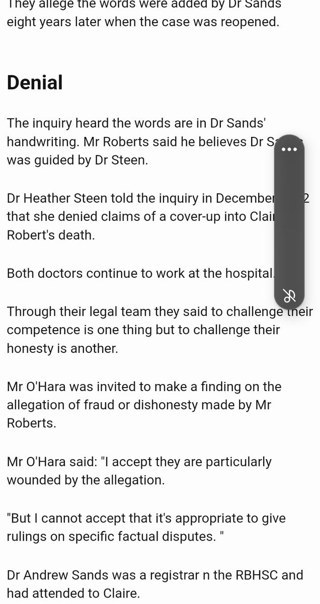Denial The inquiry heard the words are in Dr Sands' handwriting. Mr Roberts said he believes Dr Sands was guided by Dr Steen. Dr Heather Steen told the inquiry in December 2012 that she denied claims of a cover-up into Claire Robert's death. google.co.uk/amp/s/www.bbc.…