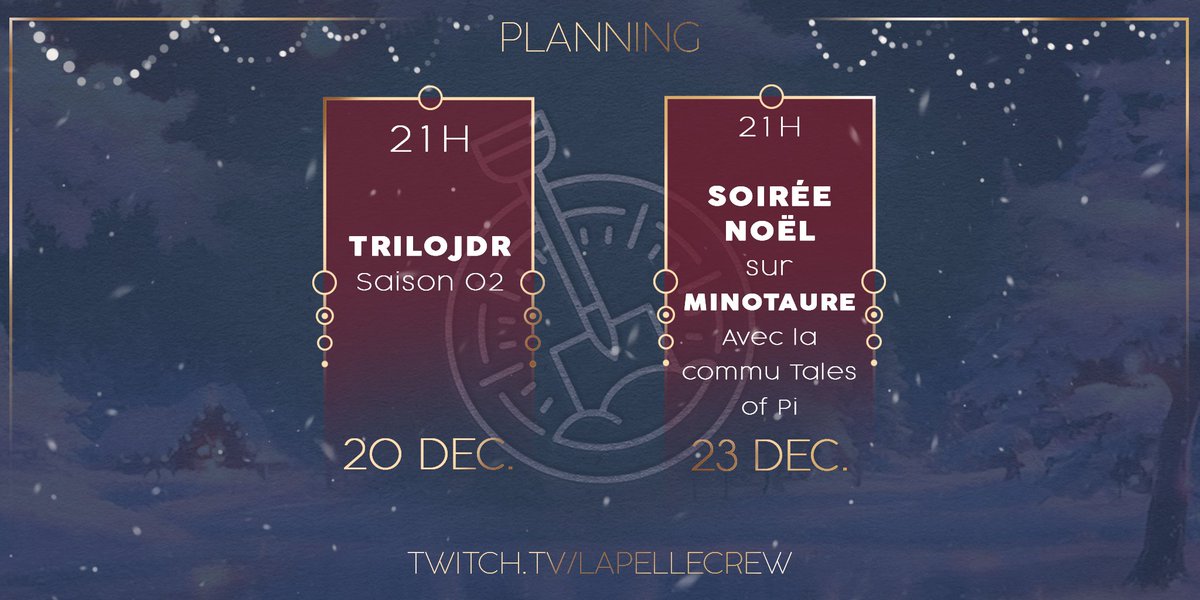 Grosse semaine pour La Pelle ! 

On se retrouve mercredi pour la TriloJDR ! 

Et vendredi venez nombreux pour une partie sous <a href="/minotau_re/">Minotaure</a> avec la communauté du Discord Tales of Pi !