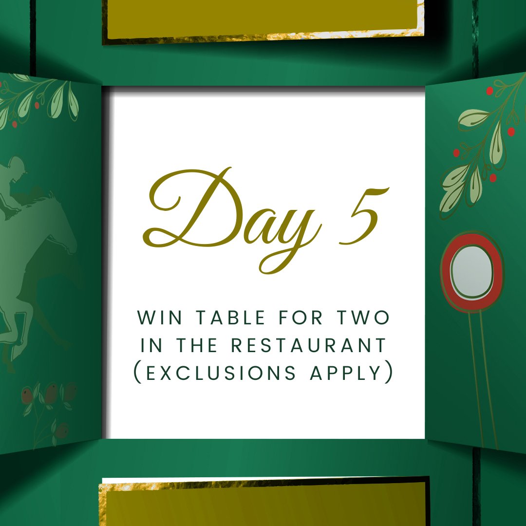 Day 5 🎄🎅 Today, you’re in with the chance of winning a table for two in the restaurant on one of our racedays in 2024 (excluding the Betfred St Leger Festival) 🍽️ To enter and to learn more ➡️ brnw.ch/21wFoDt #DoncasterRaces | #ChampionOccasions | #DON12DOC