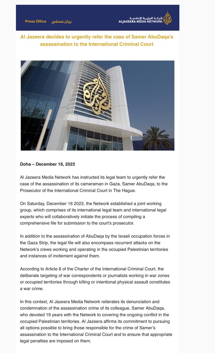 Al Jazeera refers the case of cameraman, Samer AbuDaqa’s assassination, to the International Criminal Court
