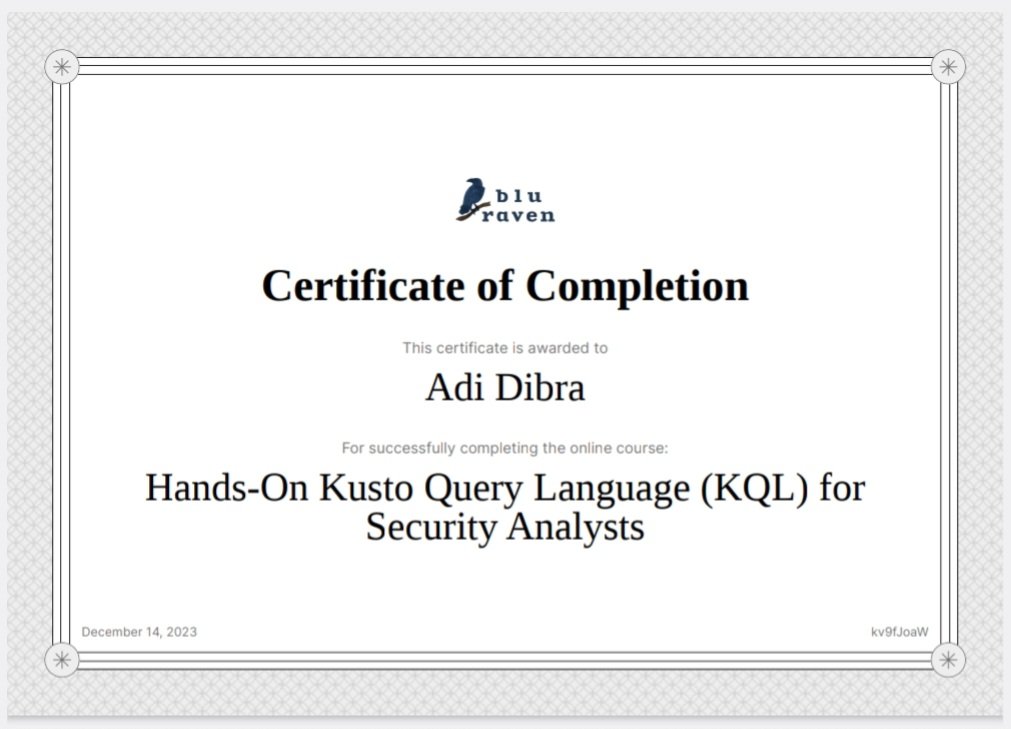 Overall, this course has significantly enhanced my skills and understanding of KQL. Awesome work by Blu Raven. Highly recommended for everyone!

#kql #threathunting #detectionengineering #incidentresponse #dfir
#training #continuouslearning