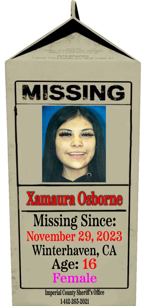 🚨🚨🚨 MISSING CHILD 🚨🚨🚨

Xamaura Osborne
Age: 16
Missing Since: 11/29/23
#Winterhaven, #California 

Please Call If You Have Information:

#ImperialCounty Sheriff's Office
1-442-265-2021

#ProjectMilkCarton 
#MissingChildren 
#BringThemHome