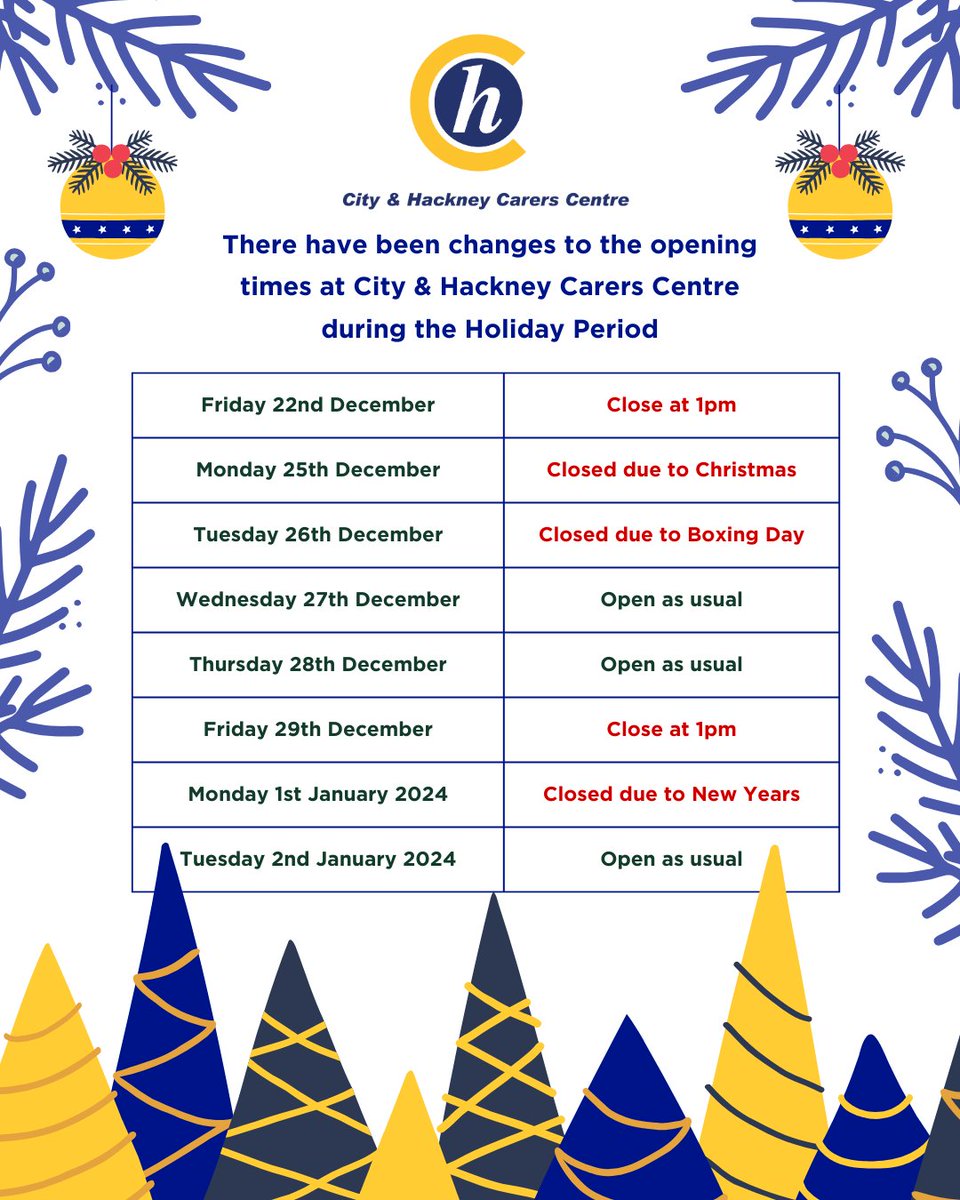 City &amp; Hackney Carers Centre would like to wish all our carers and their loved ones Season's Greetings and a very Happy New Year!🥳

Checkout the opening times of the City &amp; Hackney Carers Centre this Holiday period!🎄✨

#updateyourcalendar #ManyHappyReturns #happyholidays2023
