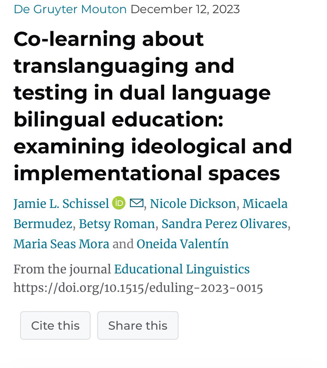 🎉🎉Very excited to announce the publication of our article “Co-learning about translanguaging and testing in DLBE: Examining ideological and implementational spaces” 🎉🎉

A collaboration with UNCG TESOL graduate student alums

degruyter.com/document/doi/1…