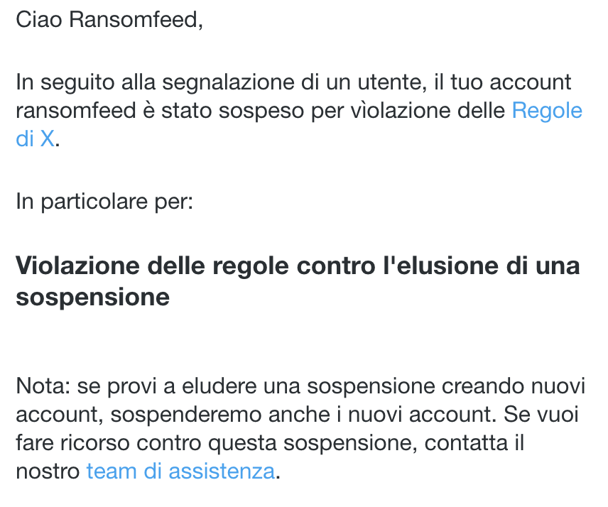 signorina37H's tweet photo. Eccallà!
Quindi, qualcuno ha segnalato #ransomfeed (peste vi colga), evidentemente perché facciamo bene il nostro lavoro.

Però, leggendo, IN PARTICOLARE PER VIOLAZIONE REGOLE CONTRO L'ELUSIONE DI UNA SOSPENSIONE.

Eh??? 
Ragazzi, ok che al supporto siete la metà di 2, ma..

>> https://t.co/M8yVckX5oa