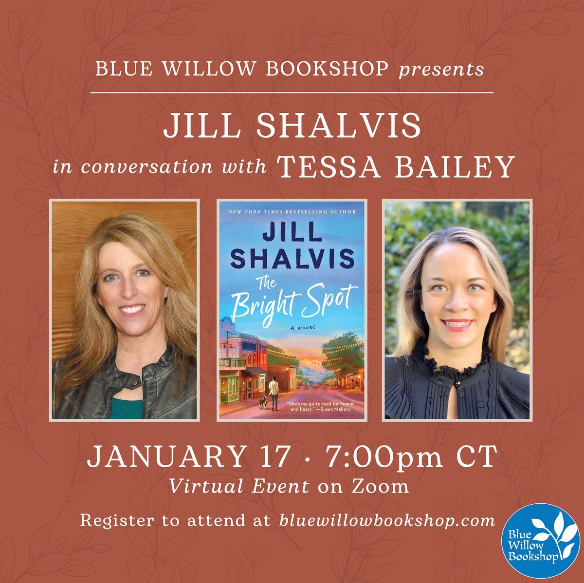 We're so excited for our ✨virtual event✨ with NYT bestselling author <a href="/JillShalvis/">Jill Shalvis</a>, celebrating her new book, THE BRIGHT SPOT, with NYT bestselling author @mstessabailey!

Register here, and order your copy to receive a signed bookmark! 😍 bluewillowbookshop.com/event/shalvis-… <a href="/avonbooks/">avonbooks</a>