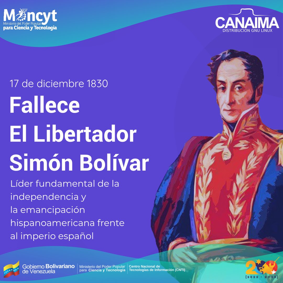 El #17Dic de 1830 fallece uno de los hijos ilustres de la Patria: El Libertador Simón Bolívar. A la 1:07 pm Bolívar dejaba el plano terrenal en la Quinta San Pedro Alejandrino. Siempre será recordado como una de las máximas figuras de la lucha por la libertad. #BolivarEterno