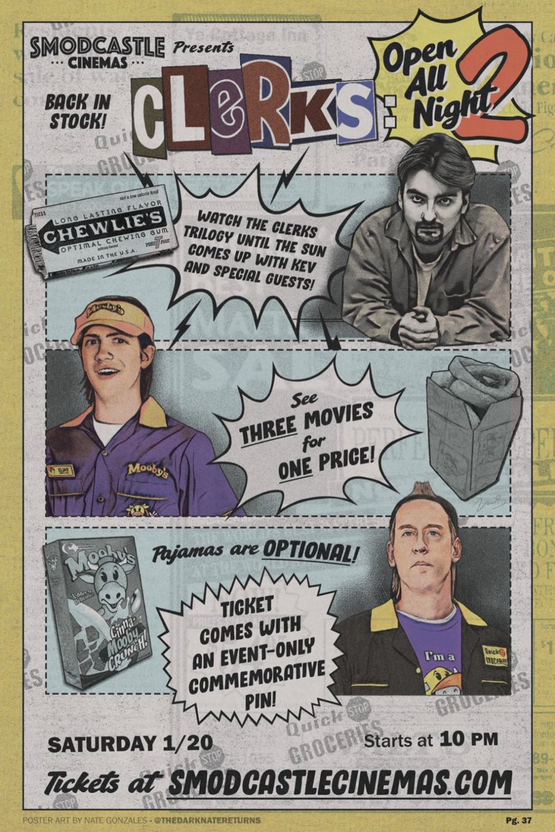 JANUARY 20th at @SmodCinemas! Come see the Clerks saga in your jammies and spend the night with me in a movie theater! It’s CLERKS: OPEN ALL NIGHT 2! An event so nice, we’re doing it twice! Intros/Q&A’s before/after every screening! Get tickets here: smodcastlecinemas.com/movie/Clerks%5…