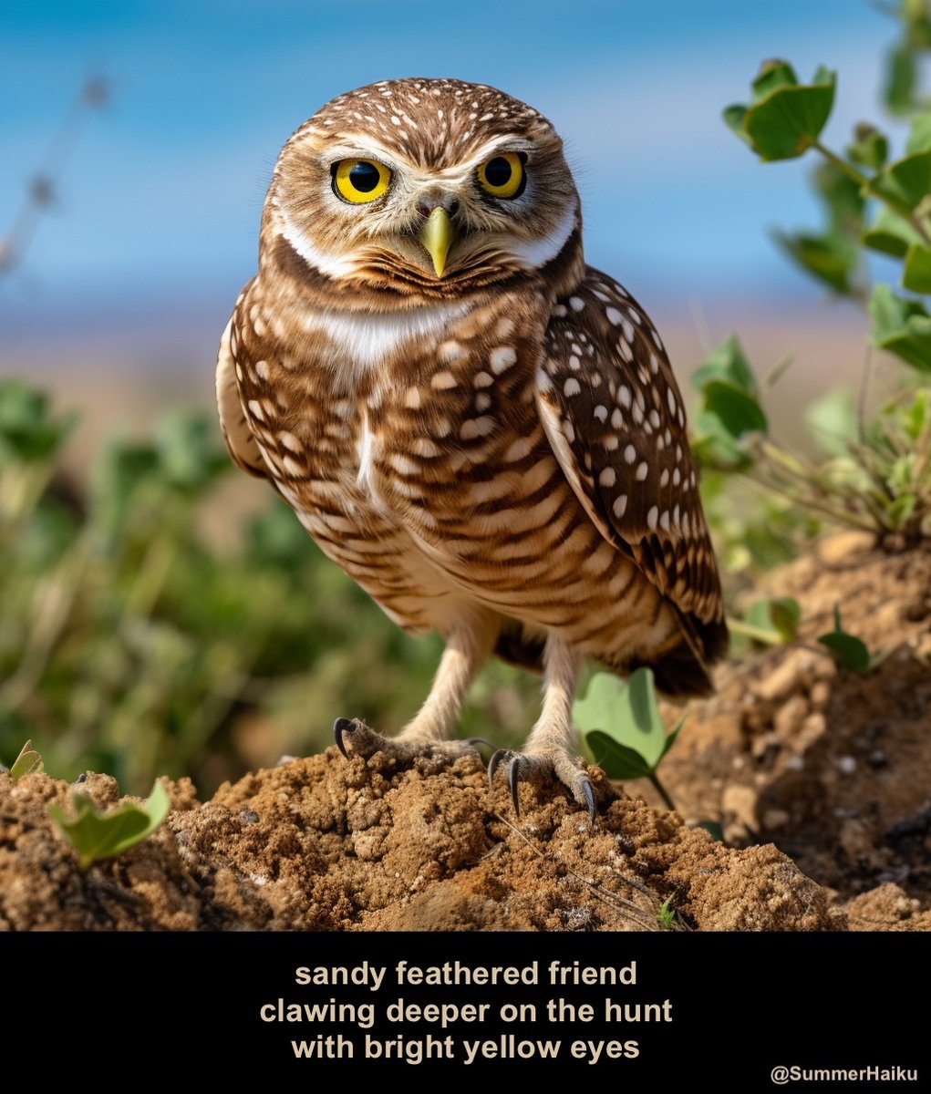 sandy feathered friend
clawing deeper on the hunt
with bright yellow eyes

#Fall2023 #Haiku #AutumnHues #Brown #BurrowingOwl