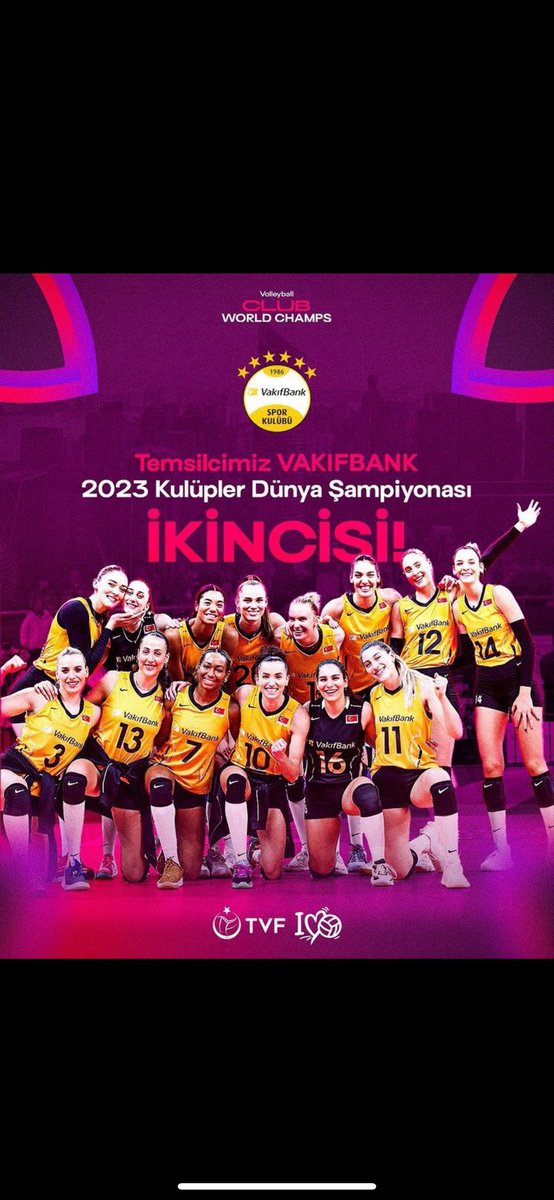 Tebrikler Dünya Şampiyonu Eczacıbaşı 🏆
Tebrikler Dünya İkincisi Vakıfbank 🥈
🏐2023 FIVB Kadınlar Dünya Kulüpler Şampiyonası'nda dünya şampiyonu olan EczacıbaşıSK ve ikinci olan VakıfBankSK Kadın Voleybol Takımlarımızı kutluyorum.
#ClubWorldChamps 🥇🏐🥈
#TürkFinali🇹🇷