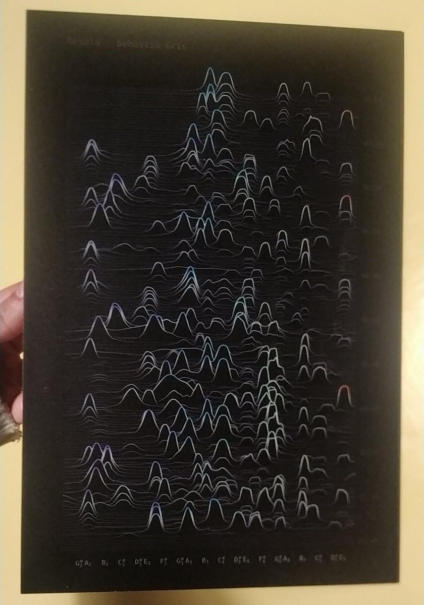 An spectrogram is a good pictorical representation of the harmony of a song. 

This is one I made with python-matplotlib for 'Besalú' (a song from my brother). It makes a good present when printed on an aluminium plate.