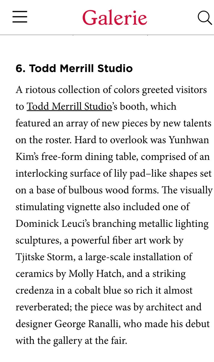 Galerie Magazine’s review of the Todd Merrill Studio booth at Design Miami mentioning George Ranalli’s blue Festa Credenza.