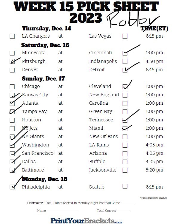 GymClassPod's tweet image. Here are our Week 15 #NFL   predictions! Best of luck if you have a fantasy playoff game or a survivor pool to win!

Alex: 88-53 (.624)
Robby: 78-63 (.553)