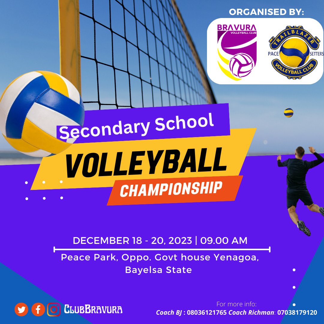 @faf96442 @Mhlabuhlangene3 @View_Bayelsa @thisisbayelsa @ijawsingleforum @MobilePunch @ArebaghaTubola2 @Odatamara13 @BayelsaPrime @beautypearls85 We are organising volleyball competition for secondary schools in Bayelsa, Porter's Touch is not  represented. I think it will be a good idea for them to come watch the games at peace park, oppo. Govt House, yenagoa. They are all invited.