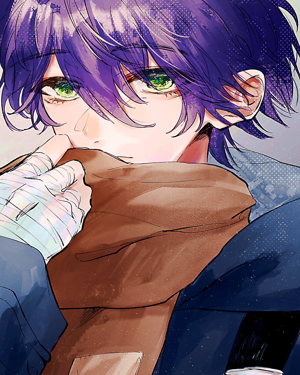 1boy male focus green eyes purple hair scarf solo bandages  illustration images