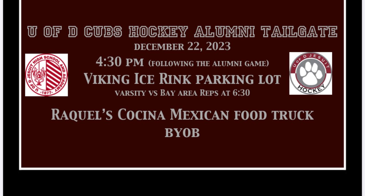 Hockey Family Reunion!!!  Alumni Game @ 3:00 (Spread the word to your players) Tailgate Starts @ 4:30  JV Game @ 4:30 Varsity Game @ 6:30. Promises to be a great evening. @UDJHockey @UofDJesuit @UDJCubs