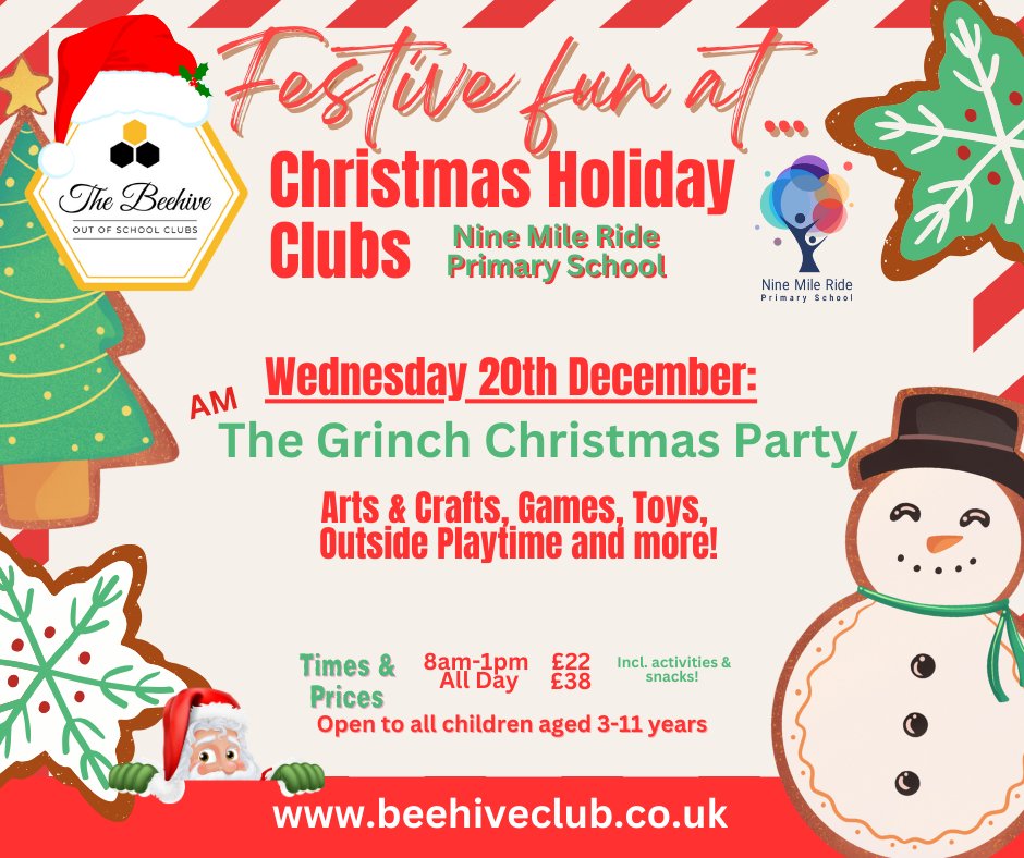 ✨ 🎄 Wednesday 20th December 🎄✨ What a fabulously fun festive day we have today! For a reminder of our schedules, info and bookings please visit: beehiveclub.co.uk/holidayclubs To contact the clubs: Crown Wood Club: 07393 539085 Nine Mile Ride Club: 07587 715931 #ChristmasClubs