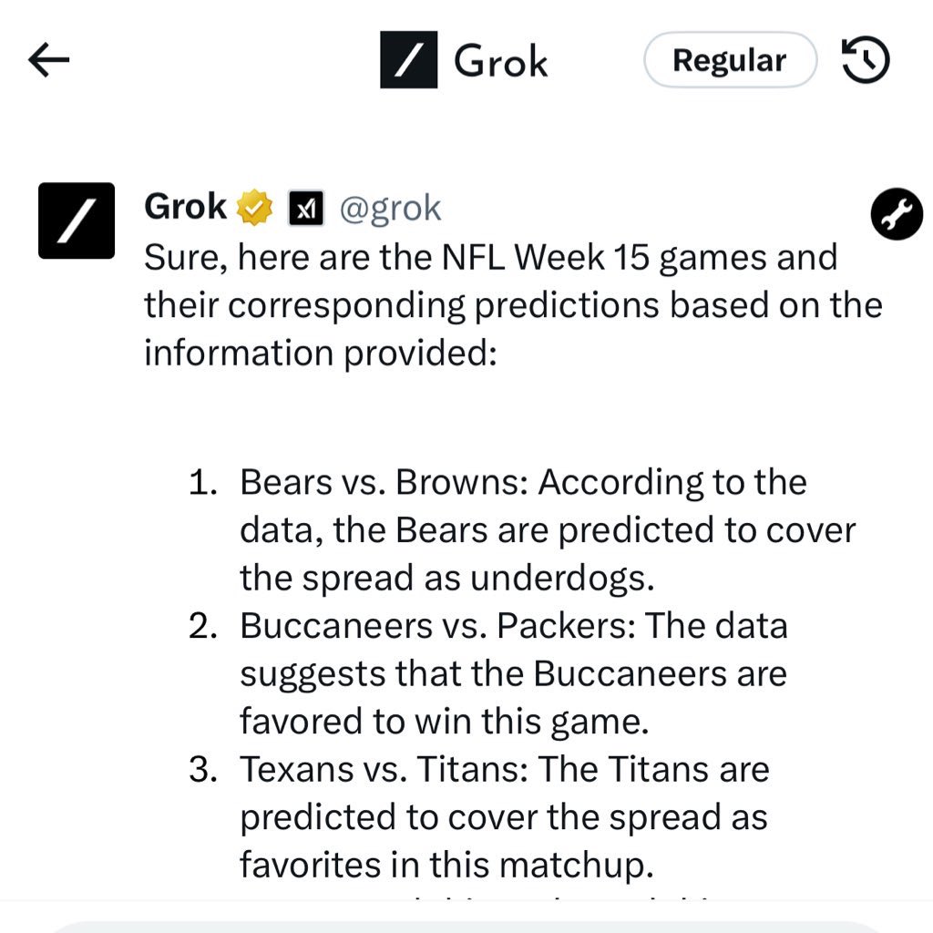 ThomasMac's tweet photo. We've got week 15 #GrokPicks!

Current record: 2-1*

This weeks picks:
☝️ @Bears +2.5
✌️ @Buccaneers ML
🤟 @Titans -3

*counting SF as a win despite @grok giving themselves an egregious -3.5 spread against Seattle! Will fix this in future prompts... #GamblingX #GamblingTwitter https://t.co/t53hTCqZHD