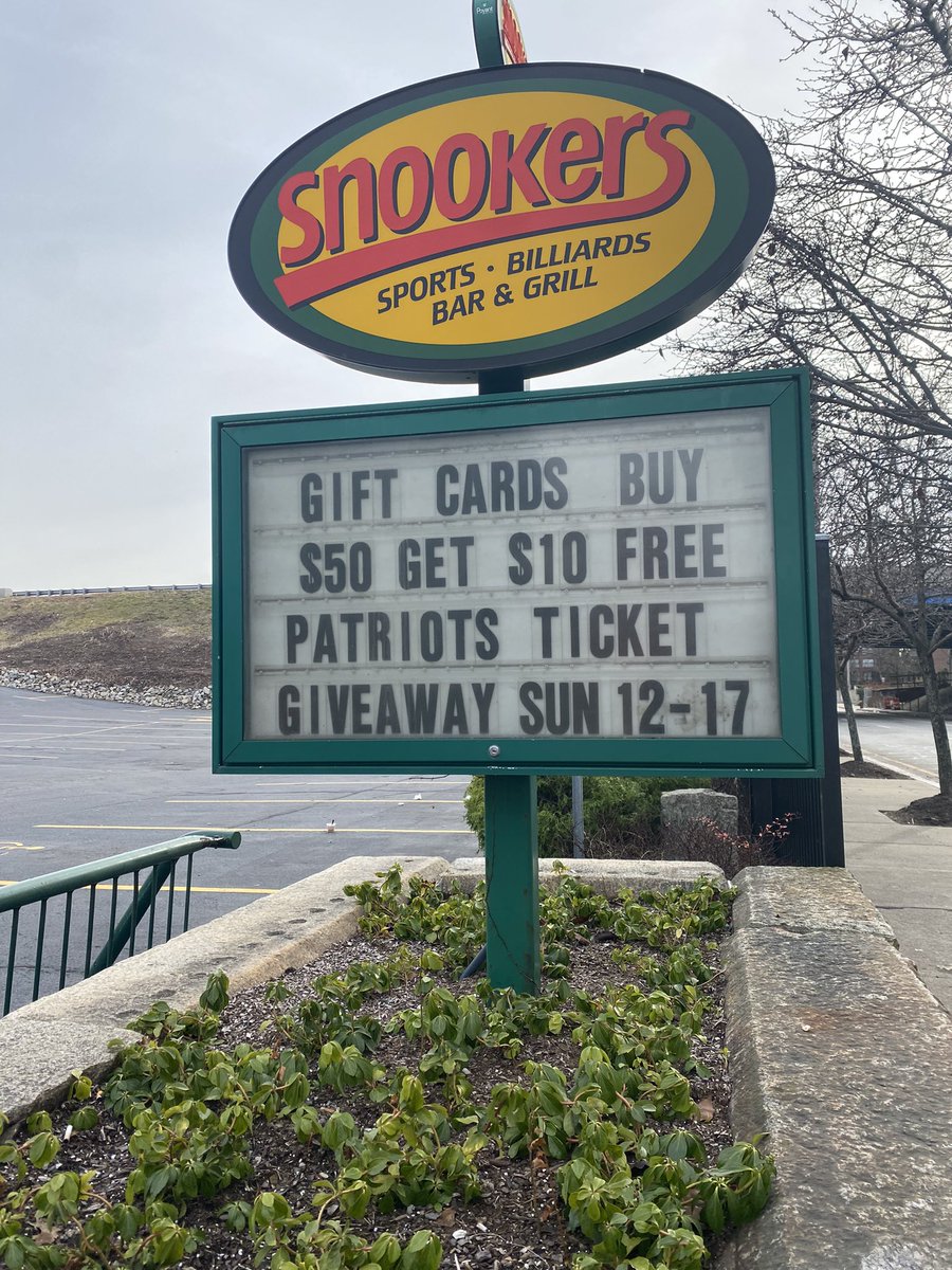 SnookersRI's tweet photo. Today we’re giving away a pair of tickets to a Patriots game! We’ve been collecting entries all season long and today is the day we pick a winner. Todays your last chance to enter! Join us during the 1:00 games. We’ll be showing all the games all day long with NFL Sunday Ticket! https://t.co/vGkSUFDqBD