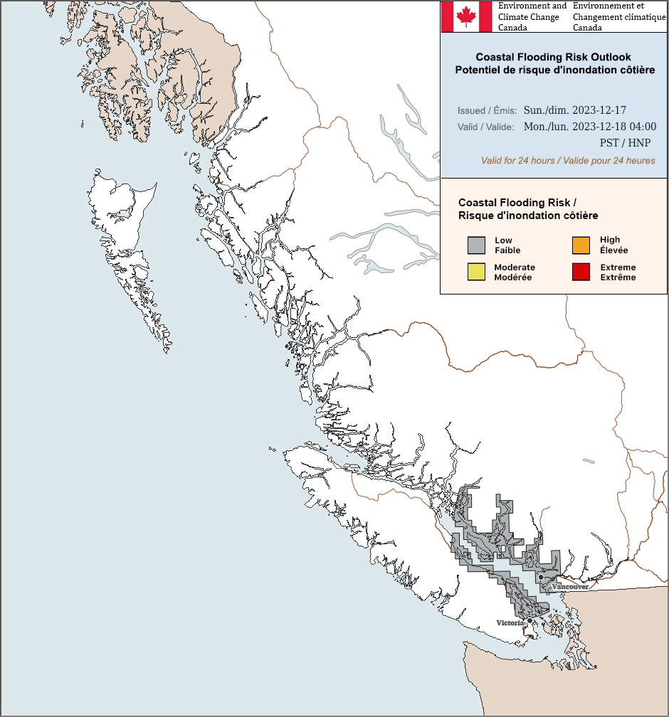 Minor coastal flooding is possible along low-lying shorelines adjacent to the Strait of Georgia near high tide on Monday and Tuesday late in the morning. Potential impacts include seawater across low-lying roadways and trails.