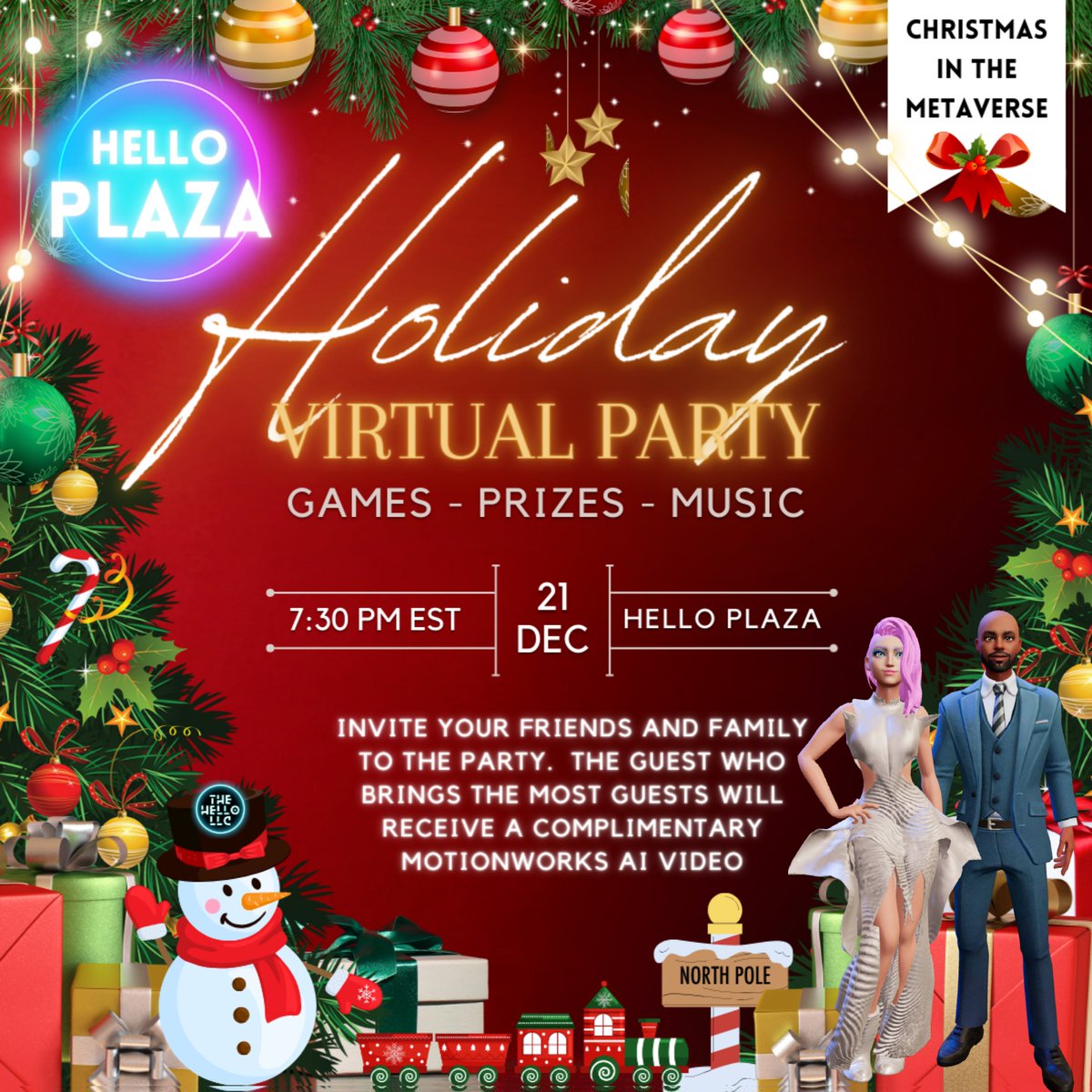 llc_hello's tweet image. ✨ Get ready for THE HELLO LLC Holiday Party in the HELLO PLAZA Metaverse on December 21st at 7:30 PM EST! Join us for DJ beats, interactive games, and a chance to win the Hello AI MotionWorks! Click to party: [Link] #HelloHolidayParty #MetaverseFun
