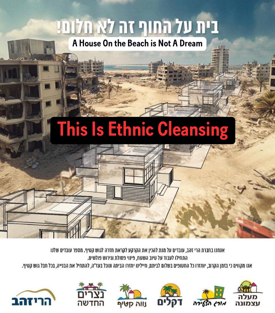 During Hanukkah, a coalition of settler groups funded by the state of Israel held a conference to discuss a “practical” plan to build the first settlements in Gaza, all while the Israeli government is actively waging a genocidal war on Palestinians. 

THIS is ethnic cleansing.