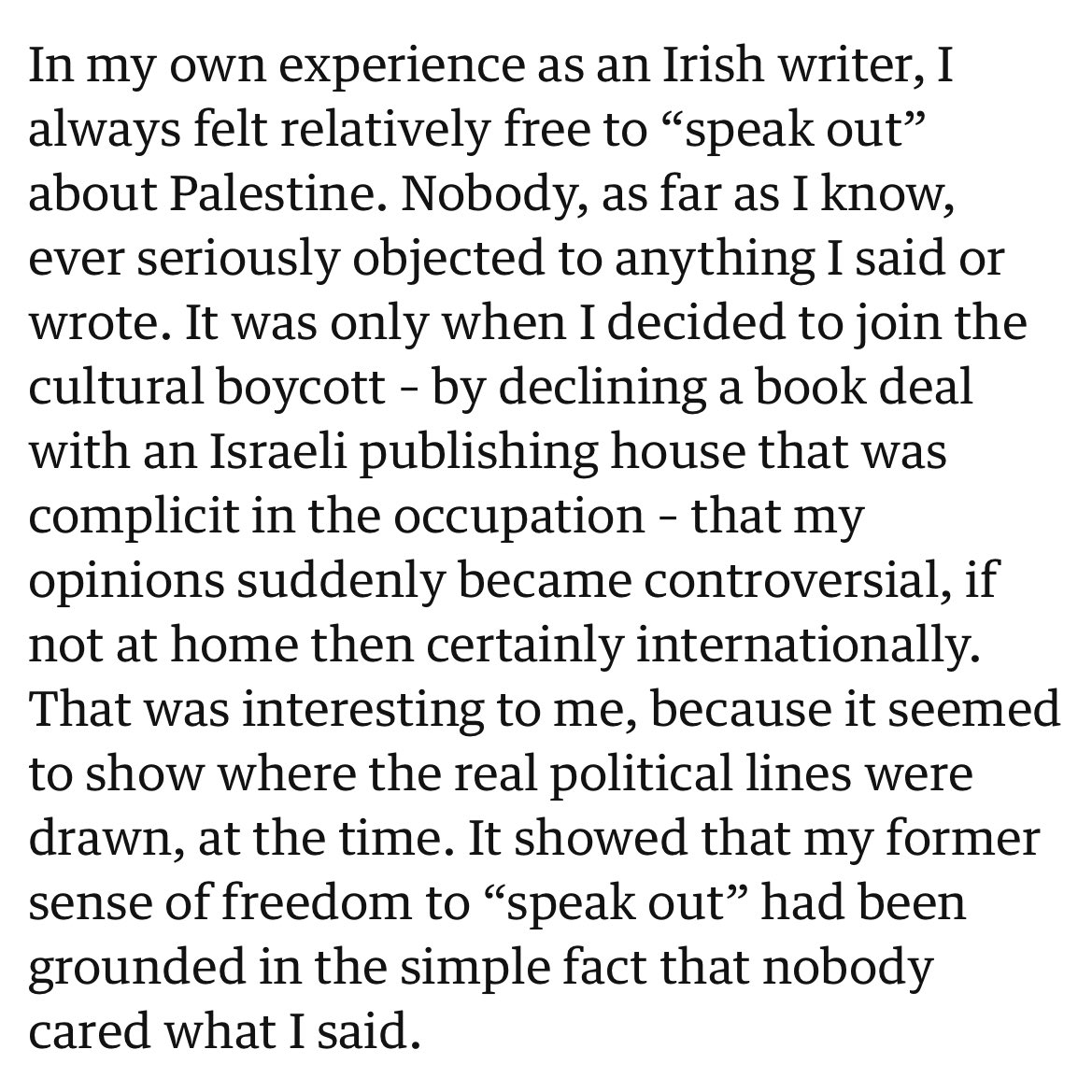 Sally Rooney in The @guardian today discussing the importance of signing the boycott, rather than speaking out as a mere individual 👇