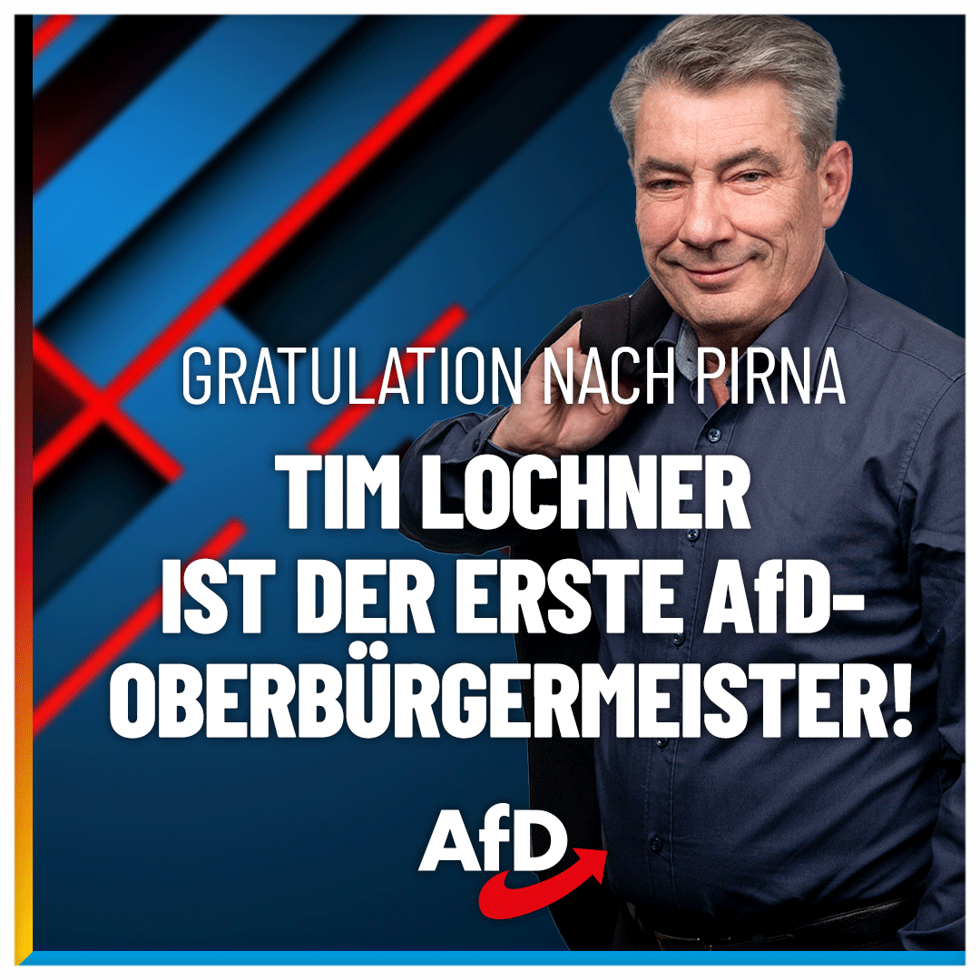 Gratulation nach #Pirna! #AfD-Kandidat Tim #Lochner wurde dort mit großem Abstand zu seinen Konkurrenten zum ersten AfD-Oberbürgermeister gewählt. Danke an die vielen Wähler, die dieses für die AfD historische Ergebnis möglich gemacht haben! mdr.de/nachrichten/sa…