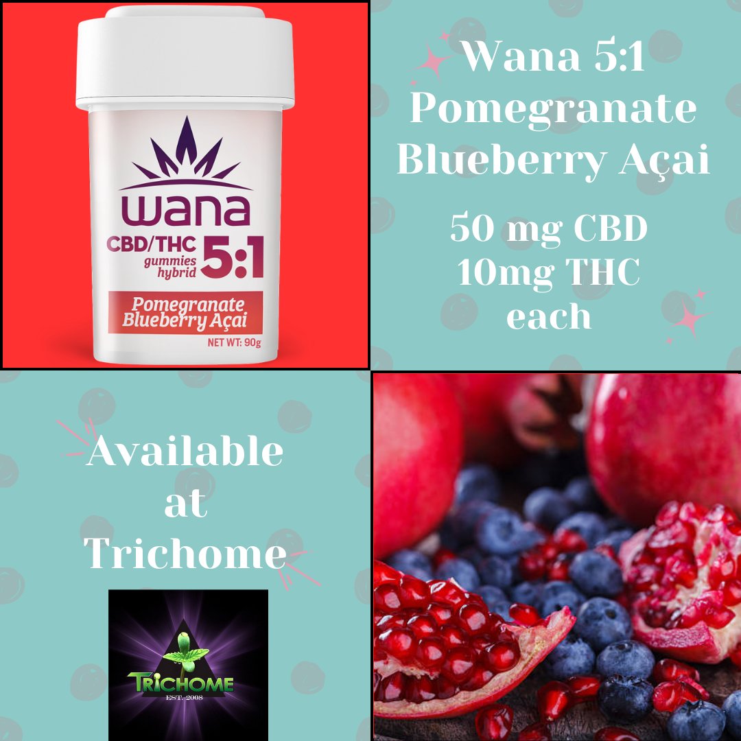 thcmed's tweet image. *Sweet and Savory Sunday* Just in at Trichome, Wana 5:1 Pomegranate Blueberry Açai gummies. Yummy!
#wana #highcbd #trichomehealthconsultants #thcmed #CannabisCommunity  #edibles #medicatedgummies #SundayFunday