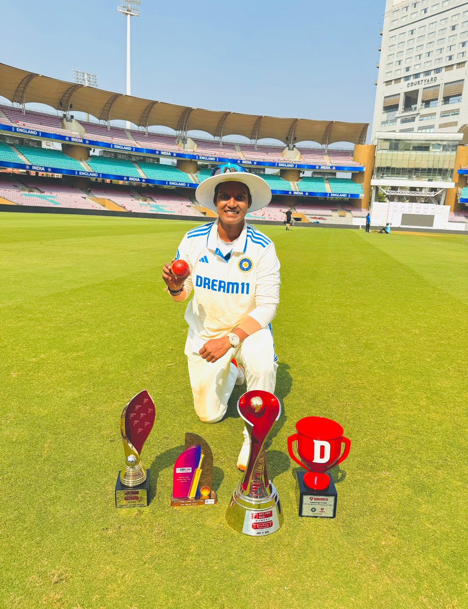 Dreams don't work unless you do. Honored to be named Player of the Match, but it's the team effort that made it possible. 🇮🇳💙🏆#TogetherWeAchieve #TeamIndia #Wtest2023 #DS6