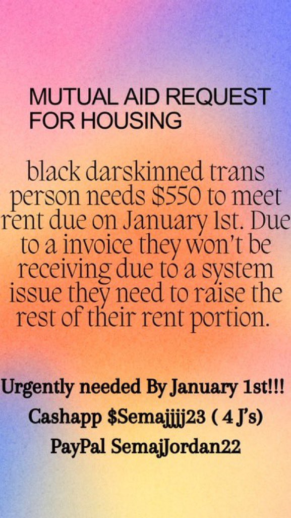 🚨 dark skinned black trans person has a goal of $550 to meet rent on january 1st. ca: $semajjjj23 pp: semajjordan22