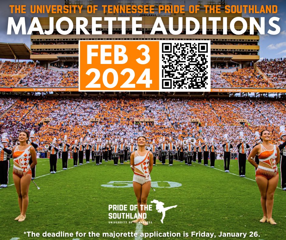 Majorette auditions are quickly approaching on Rocky Top! LIVE in person auditions will take place February 3, 2024. The deadline for the initial application for the majorette line is Friday, January 26, 2024! utbands.utk.edu/majorette-audi…