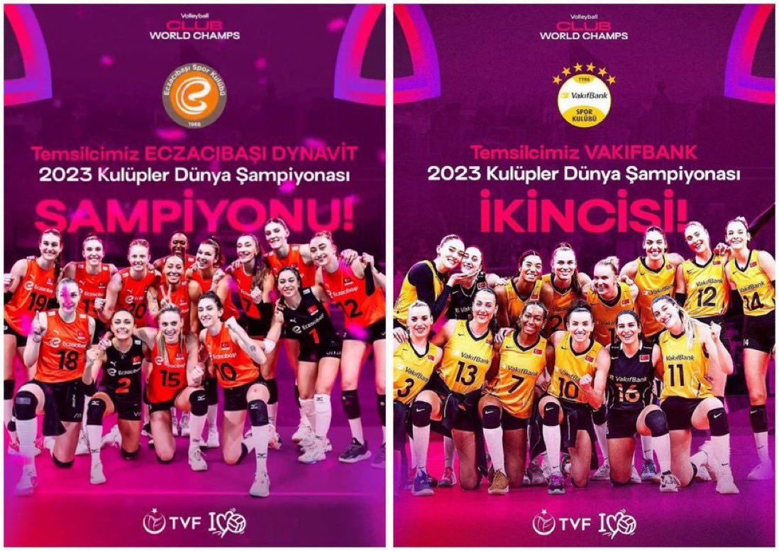 FIVB Kadınlar Dünya Kulüpler Şampiyonası'nda Türk Finali 🇹🇷

FIVB Kadınlar Dünya Kulüpler Şampiyonası’nda Vakıfbank’ı 3-2 yenen Eczacıbaşı Dynavit Şampiyon oldu. 
Dünya Voleyboluna damgasını vuran iki takımımızı da yürekten kutluyorum🇹🇷
#ClubWorldChamps 🥇🏐🥈