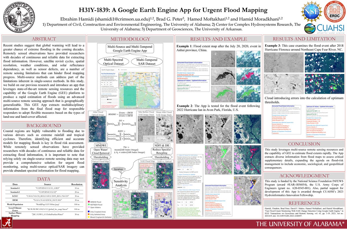 We introduced our Fast #FloodMonitoring #GEEApp at #AGU23. It leverages multi-source remote sensing resources and the capabilities of GEE to rapidly estimate flood extents, providing crucial information for flood-risk management. The app has been awarded by #CUAHSI's 2023 #HIF.