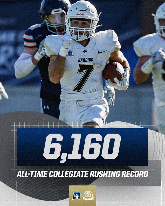 After yesterday's #D2FB National Championship game, @Harding_FB set the all-time collegiate rushing record this season with 6,160 yards. They are the first team to eclipse 6,000 yards in a single season. #MakeItYours