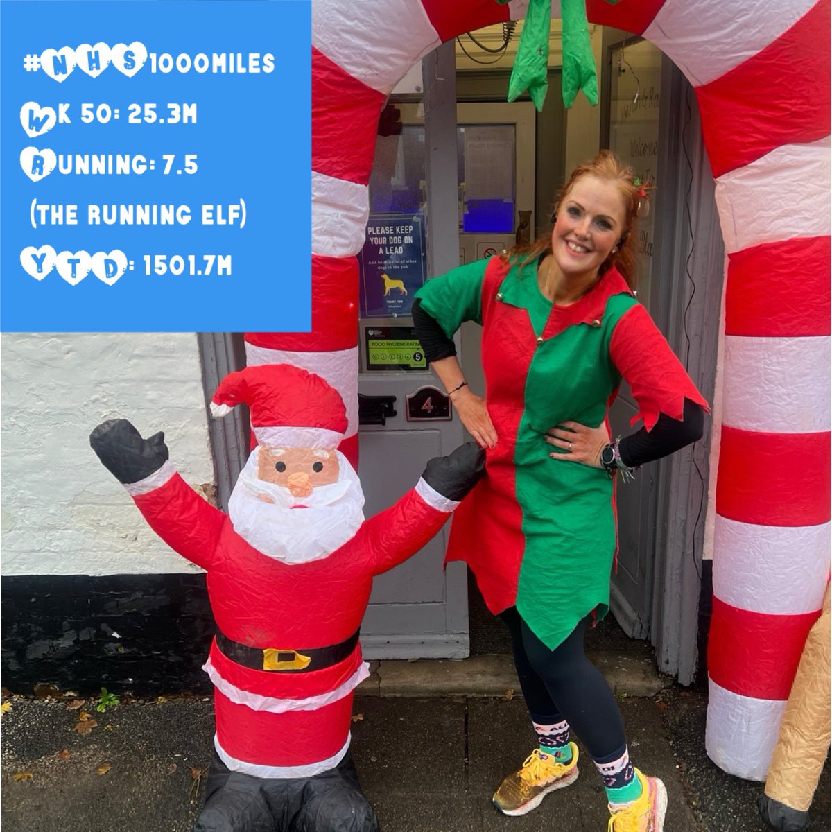 A busy, busy week but managed some walking & 7.5 running miles- surely there has to be a bonus for those being run in an elf costume (hasten to add as part of a charity relay!) National Elf Service 1000 miles at its best ?!! #nhs1000miles #nhs75