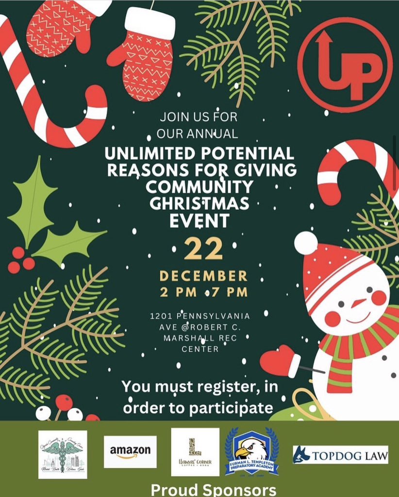 @unlimitedpotential_ &amp; <a href="/kinghardy_/">Hardy</a>
Present -
The 2nd Annual Reasons For Giving Community Event
12/22/23
2 PM-7 PM
Location - Robert C Marshall Rec Center
1201 Pennsylvania Ave
Baltimore, MD
@citywidementalhealth is a Proud Sponsor Of @unlimitedpotential.
#MentalHealthMatters