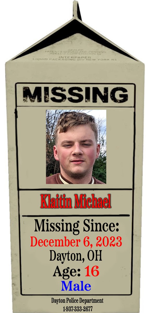 🚨🚨🚨 MISSING CHILD 🚨🚨🚨

Klaitin Michael
Age: 16
Missing Since: 12/06/23
#Dayton, #Ohio 

Klaitin may still be in the local area or he may travel to #Columbus, #Peebles, or #BrownCounty, Ohio.

Please Call If You Have Information:

Dayton Police Department 
1-937-333-2677…