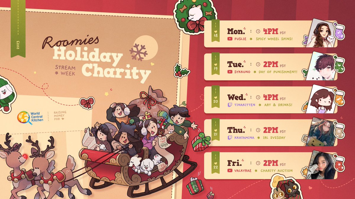 THE ROOMIES HOLIDAY CHARITY WEEK BEGINS TOMORROW! 🎄🎁 5 DAYS, 5 STREAMS!! featuring some of our friends too 🤗 here is the schedule for the week! we will be raising as much money for @WCKitchen as we possibly can ❤️!!!