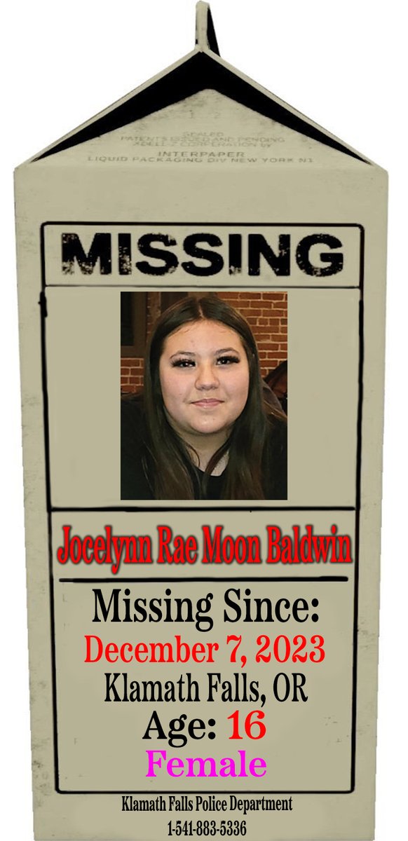 🚨🚨🚨 MISSING CHILD 🚨🚨🚨

Jocelynn Rae Moon Baldwin
Age: 16
Missing Since: 12/07/23
#KlamathFalls, #Oregon 

Please Call If You Have Information:

Klamath Falls Police Department
1-541-883-5336

#ProjectMilkCarton 
#MissingChildren 
#BringThemHome